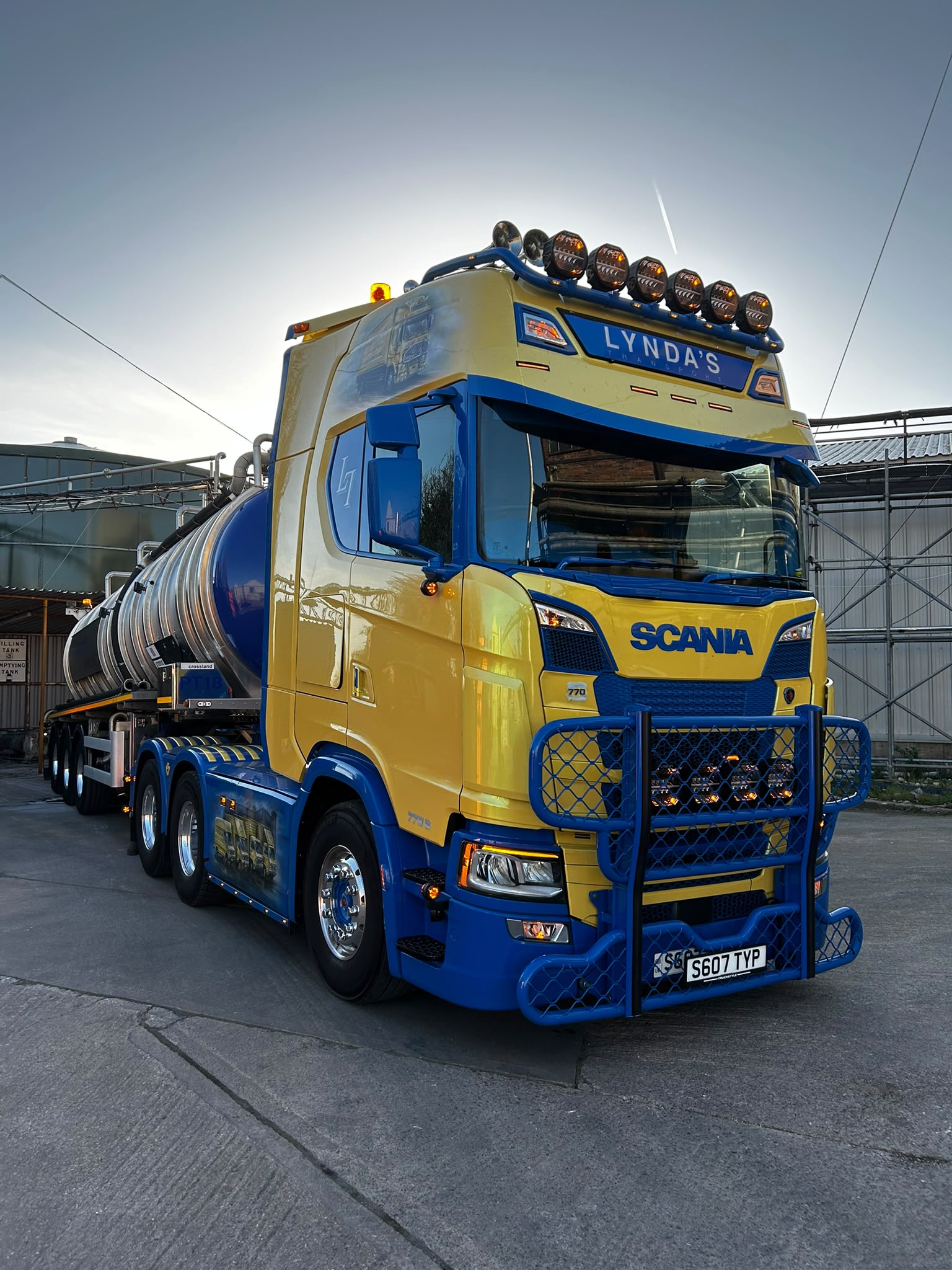 Lynda's Transport Scania tractor unit with tanker trailer in a yard