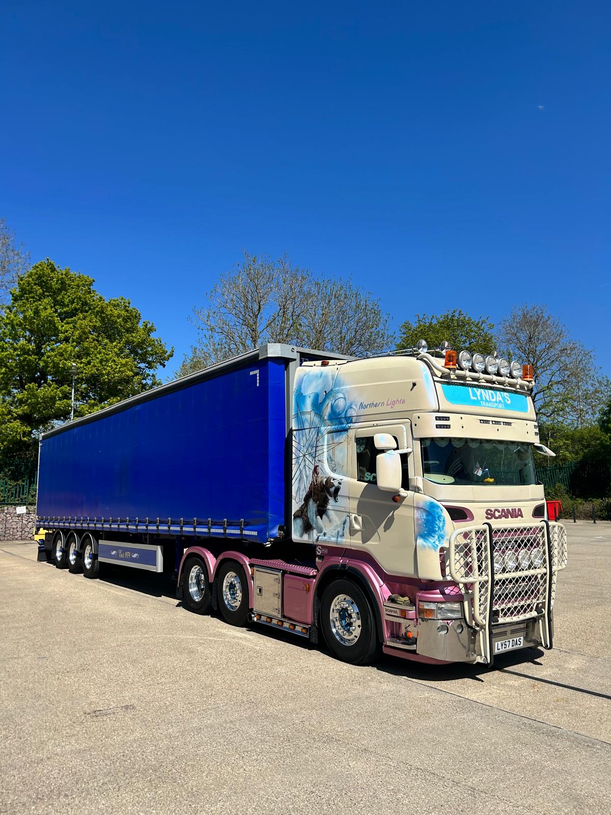Northern Lights Lynda's Transport Scania with blue curtainside trailer